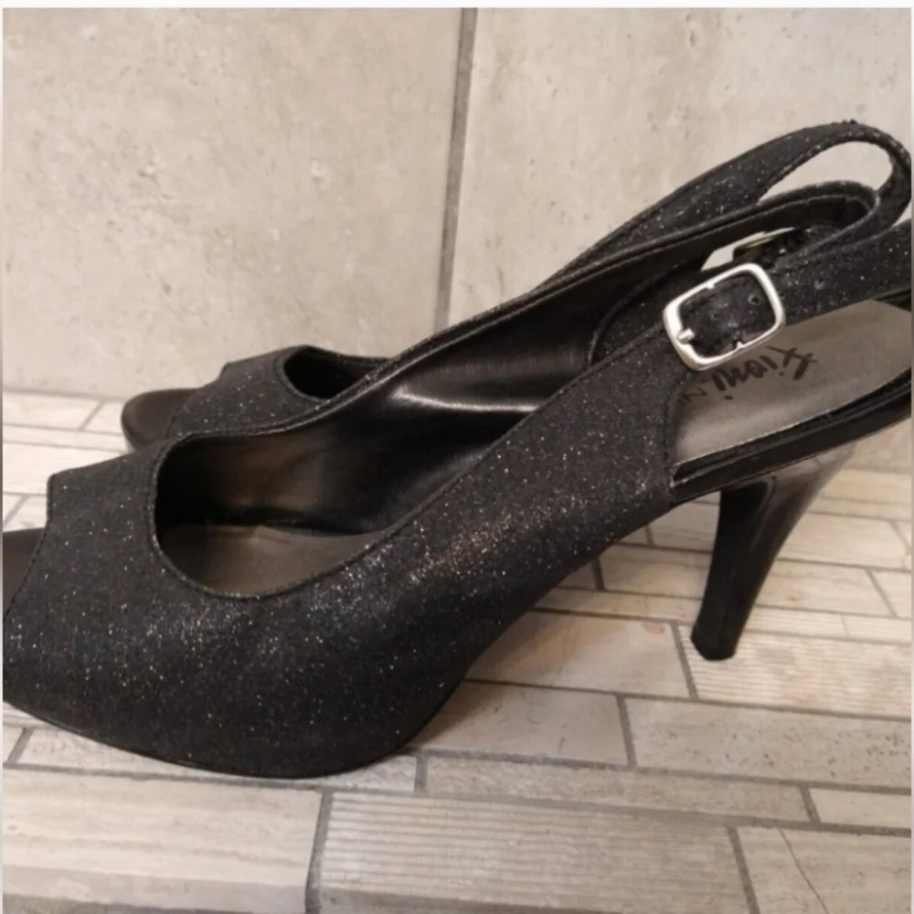 FIONA NIGHT Black Heels Peeptoe Slingback Shoes Size 8M EUC Pre Loved.